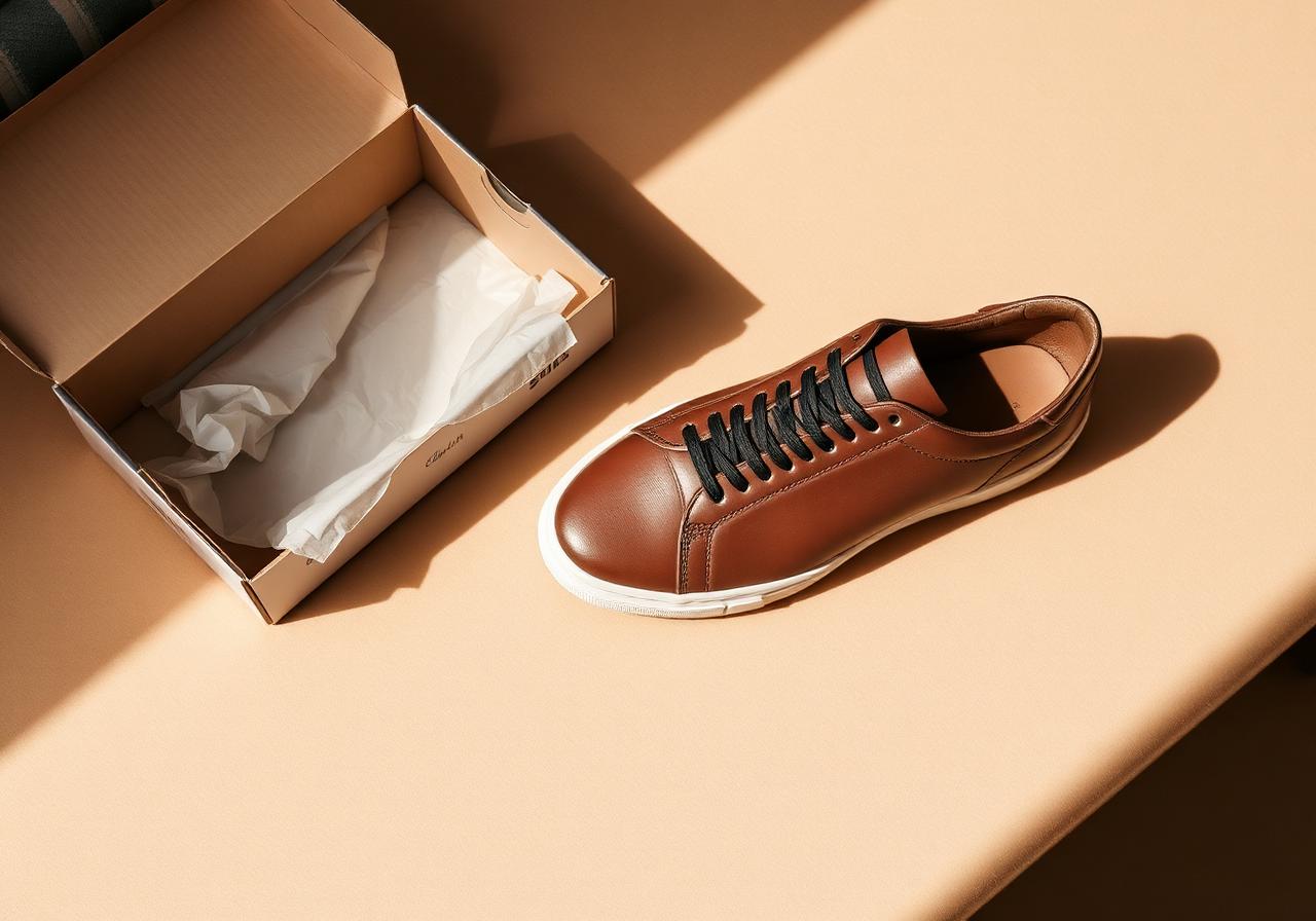 Premium leather sneaker beside its shoe box for inspection