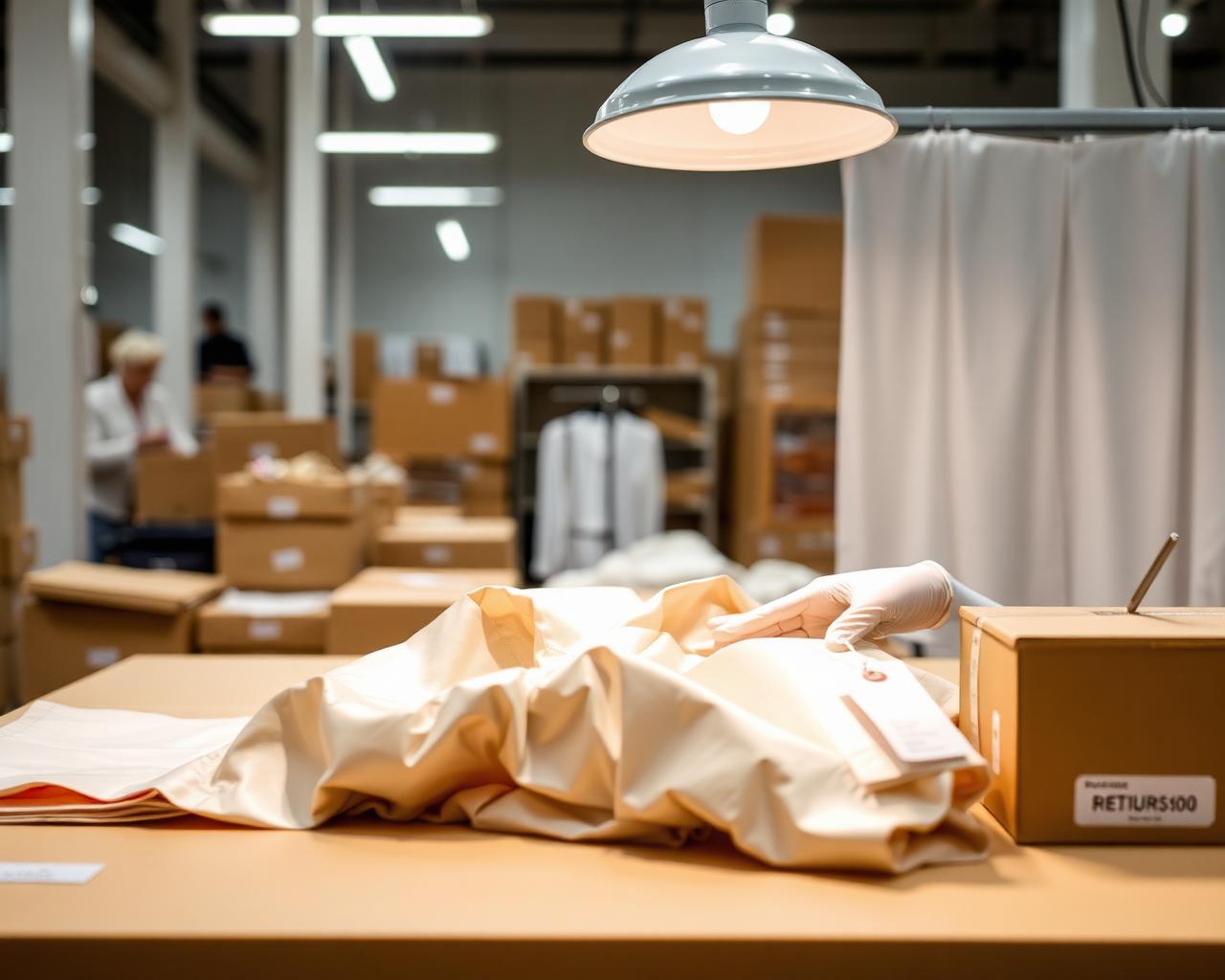 A clean fashion warehouse inspection table prepared for a Monday shift