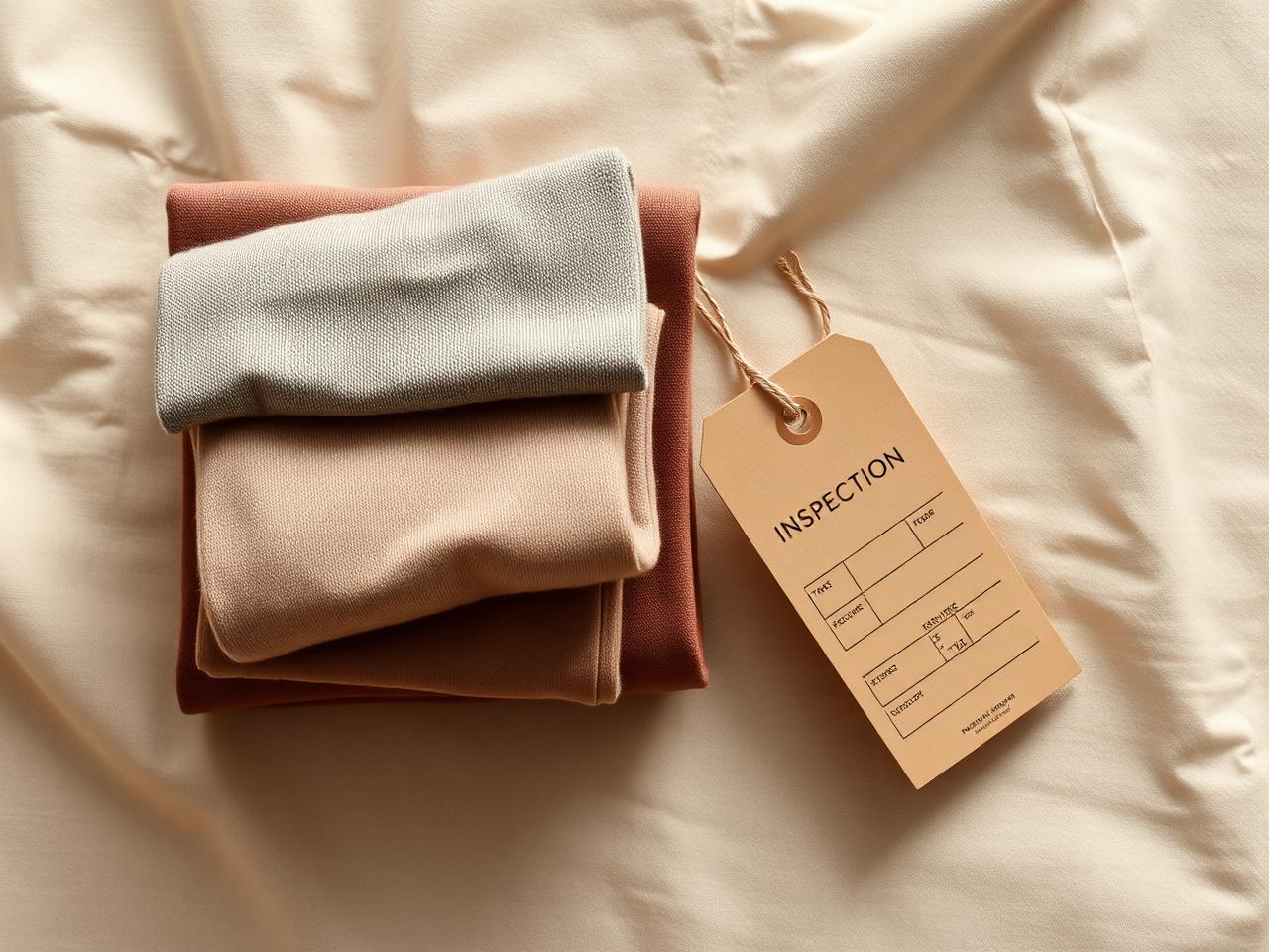 Folded premium garments with a kraft inspection tag on warm ivory linen